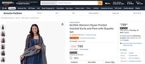 KLOSIA Womens Rayon Printed Anarkali Kurta and Pant with Dupatta Set 1